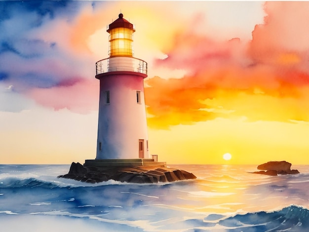 Watercolor painting of a lighthouse