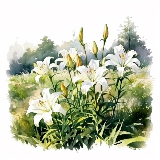 Photo watercolor painting of the lily garden