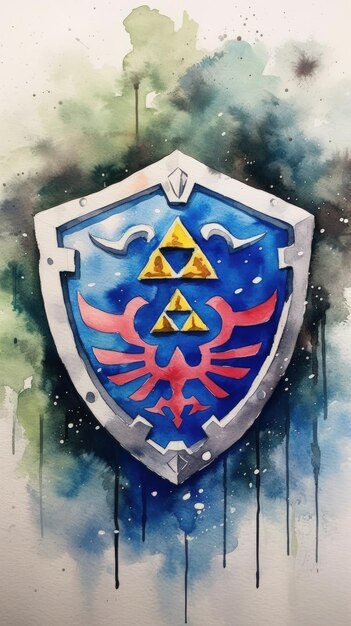 Watercolor Painting of Link's Shield from Legend of Zelda AI Generated