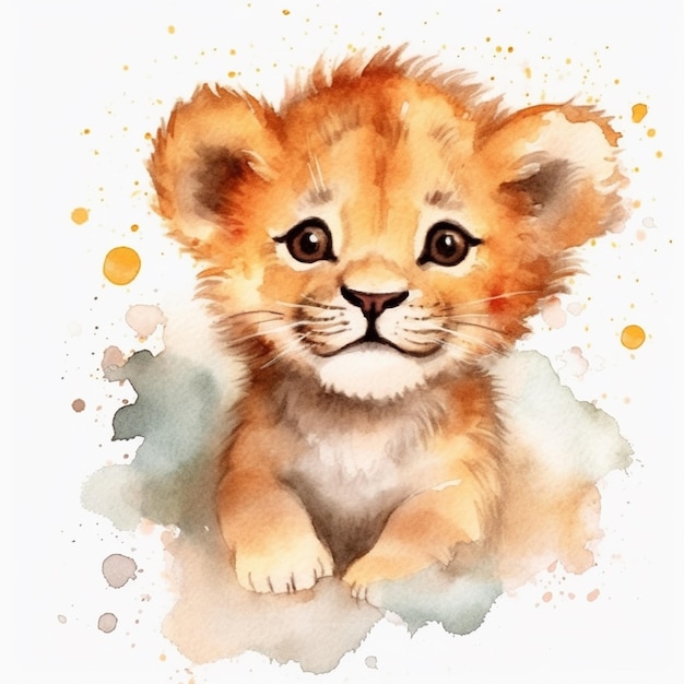 Watercolor painting of a lion cub