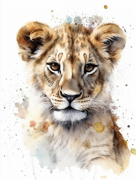 Watercolor painting of a lion cub.