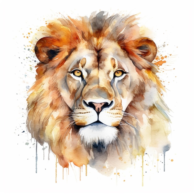 A watercolor painting of a lion's face with orange hair and orange eyes.