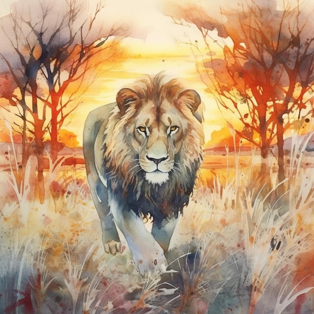 Watercolor painting of a lion in the sunset