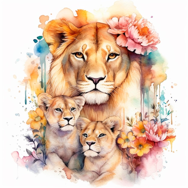 Watercolor painting of a lion and two cubs