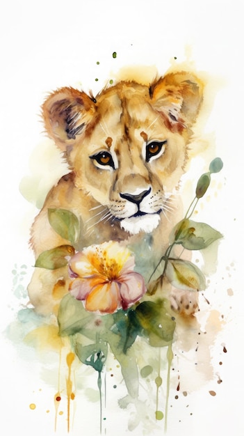 A watercolor painting of a lioness with a flower