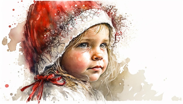 A watercolor painting of a little girl in a santa hat