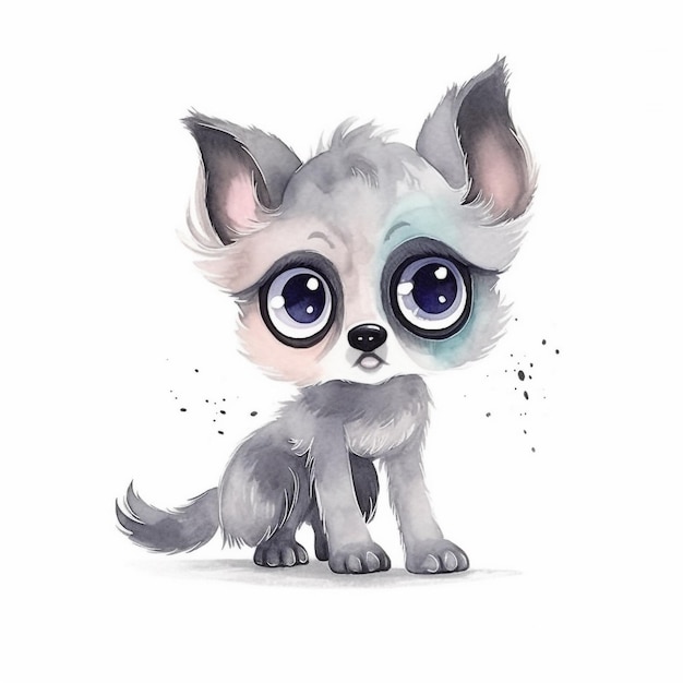 A watercolor painting of a little wolf with big blue eyes.