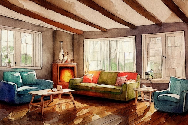 A watercolor painting of a living room with a fireplace and a couch.