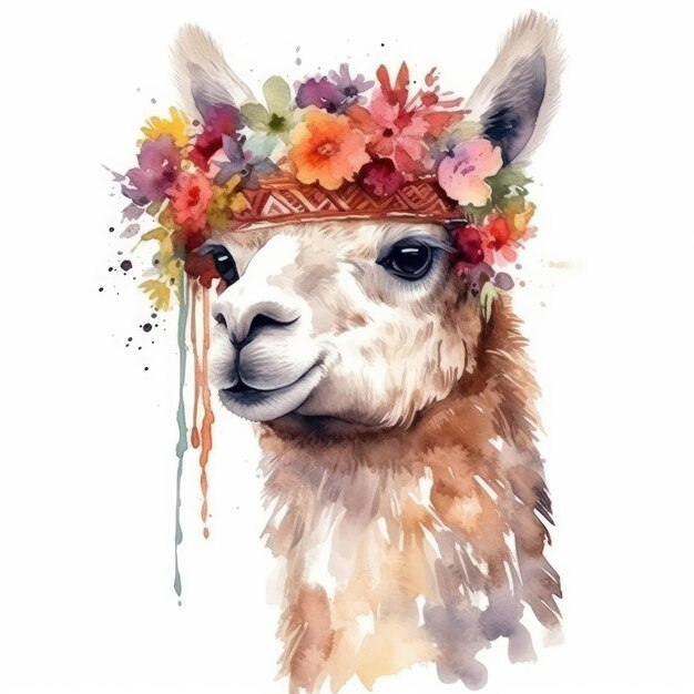 A watercolor painting of a llama with a floral crown.