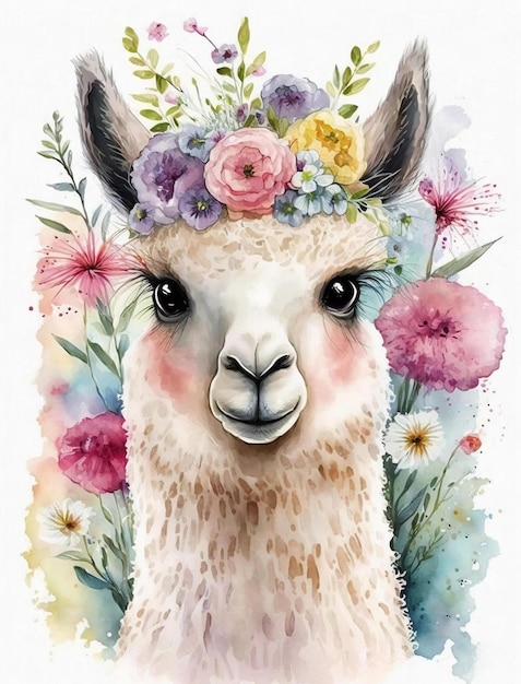 A watercolor painting of a llama with a floral wreath.