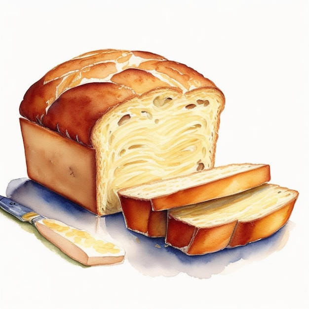 A watercolor painting of a loaf of bread and bread slices