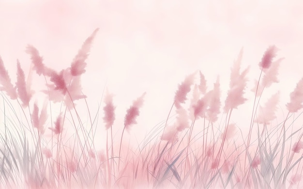 watercolor painting of long grass with pink flowers in the background