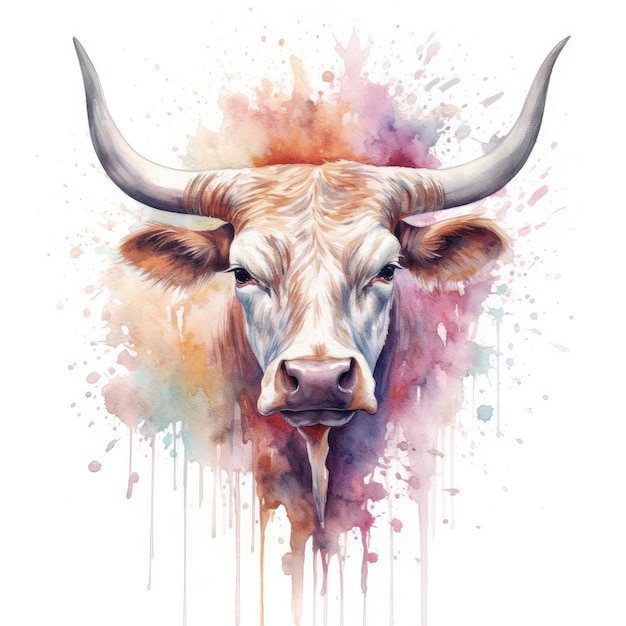 Watercolor painting of longhorn with white background