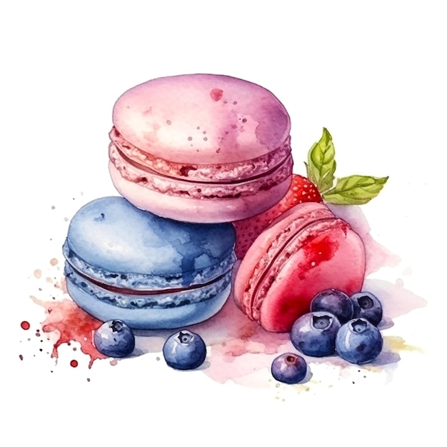 A watercolor painting of macaroons and blueberries.