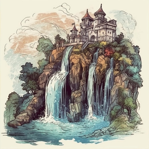 Watercolor painting of a magnificent castle