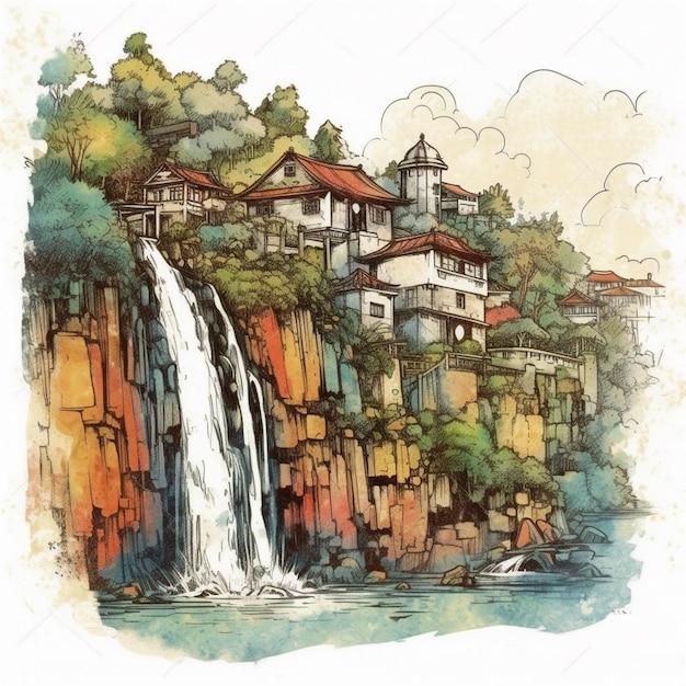 Watercolor painting of a magnificent village