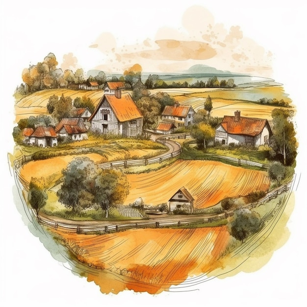 Watercolor painting of a magnificent village