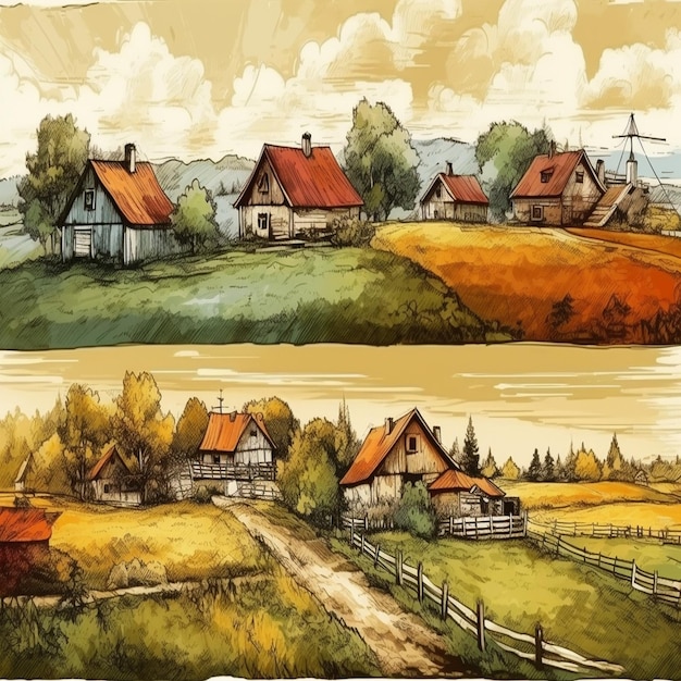 Watercolor painting of a magnificent village