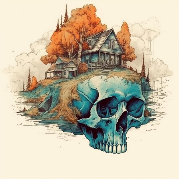 Watercolor painting of a majestic skullshaped house