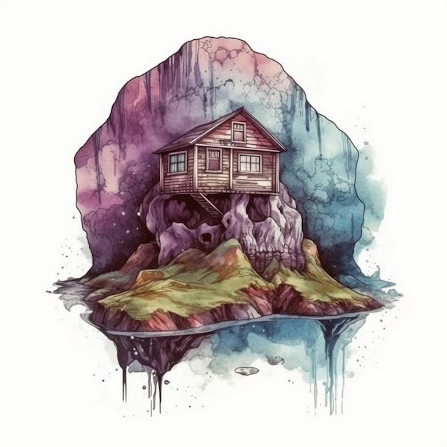 Watercolor painting of a majestic skullshaped house