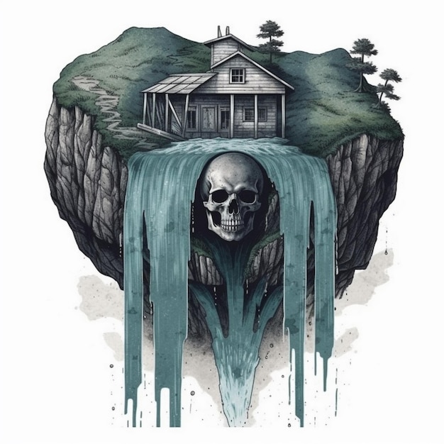 Watercolor painting of a majestic skullshaped house