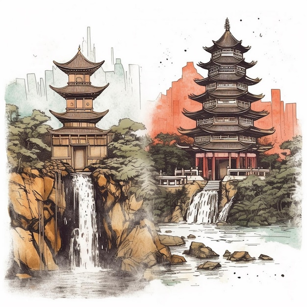 Watercolor painting of a majestic temple