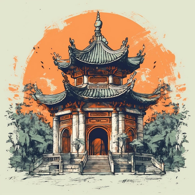 Photo watercolor painting of a majestic temple