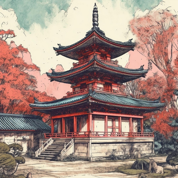 雄大な寺院の水彩画