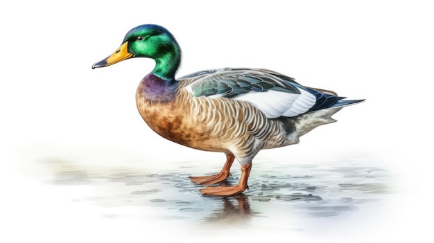 A watercolor painting of a mallard duck on a frozen pond.