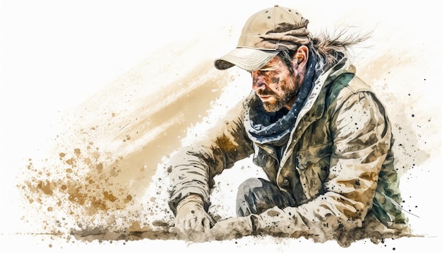 A watercolor painting of a man digging in the sand.