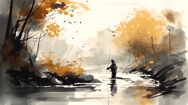 A watercolor painting of a man fishing in a river.