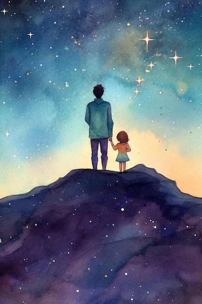 A watercolor painting of a man and a girl looking at the stars