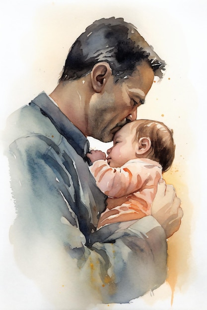 A watercolor painting of a man and his baby