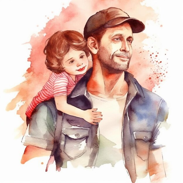 A watercolor painting of a man and his child