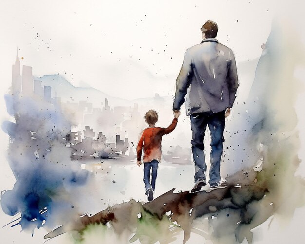 A watercolor painting of a man and his son