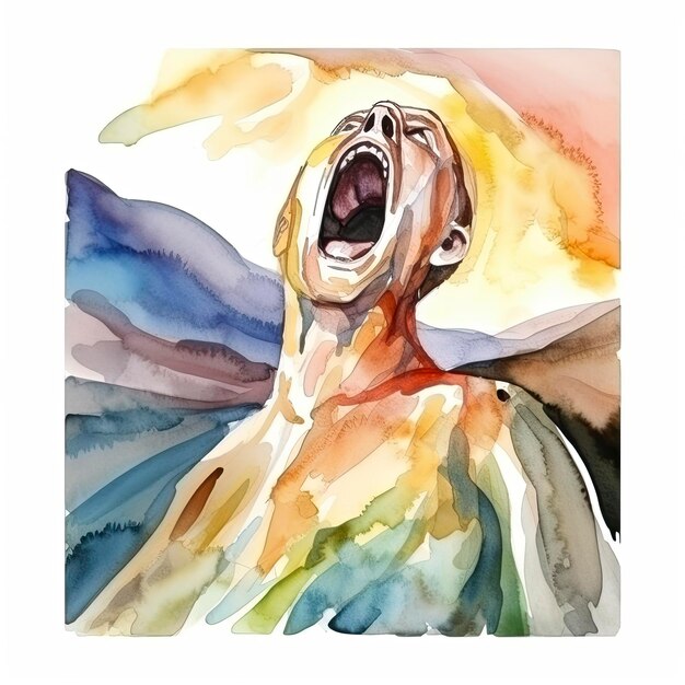 A watercolor painting of a man screaming.