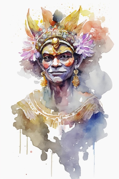 A watercolor painting of a man wearing a mask and a crown.