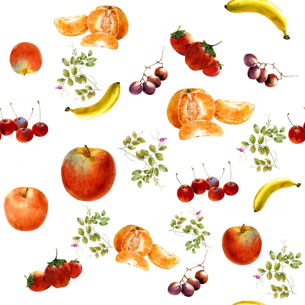 Watercolor painting many fruits 