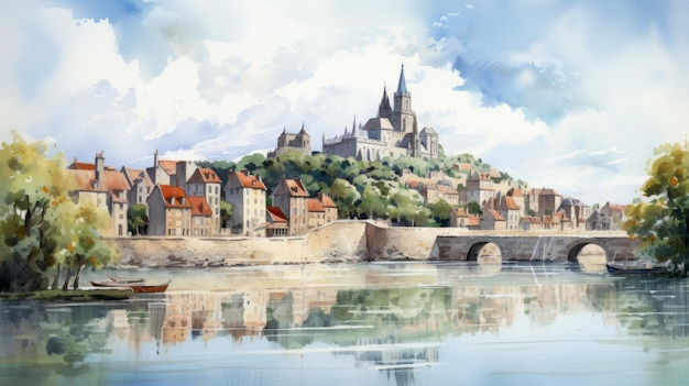 Watercolor Painting Of Medieval Town In France