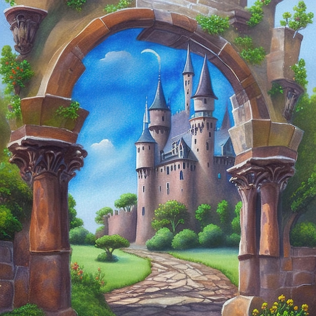 Watercolor painting of medival castle