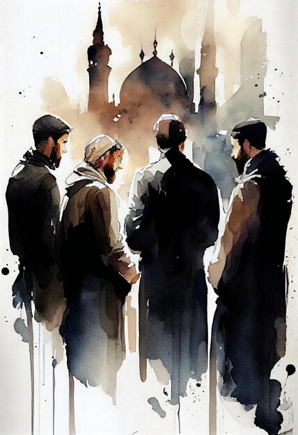 A watercolor painting of men standing in front of a mosque.