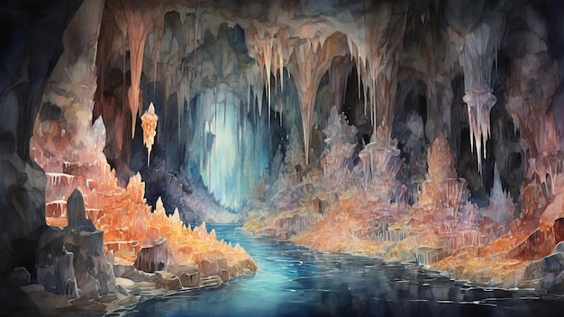 Photo watercolor painting a mesmerizing underground cavern filled with sparkling stalactites and stalagmit