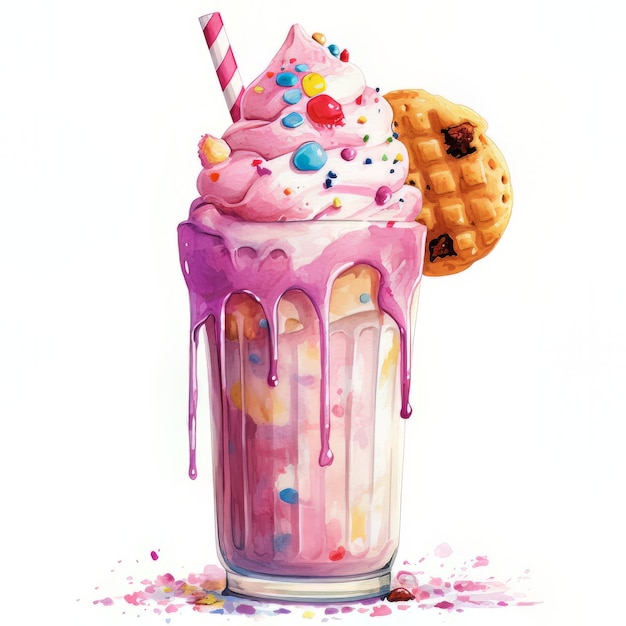 A watercolor painting of a milkshake with pink frosting and candy on top.