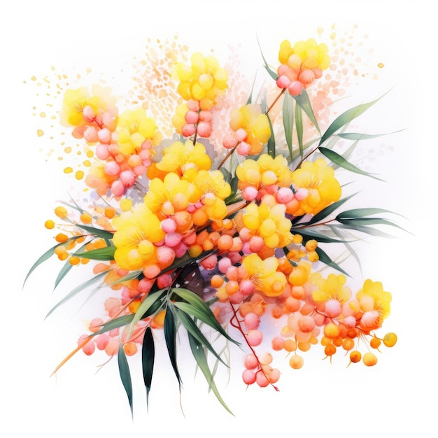 Watercolor painting of mimosa with white background