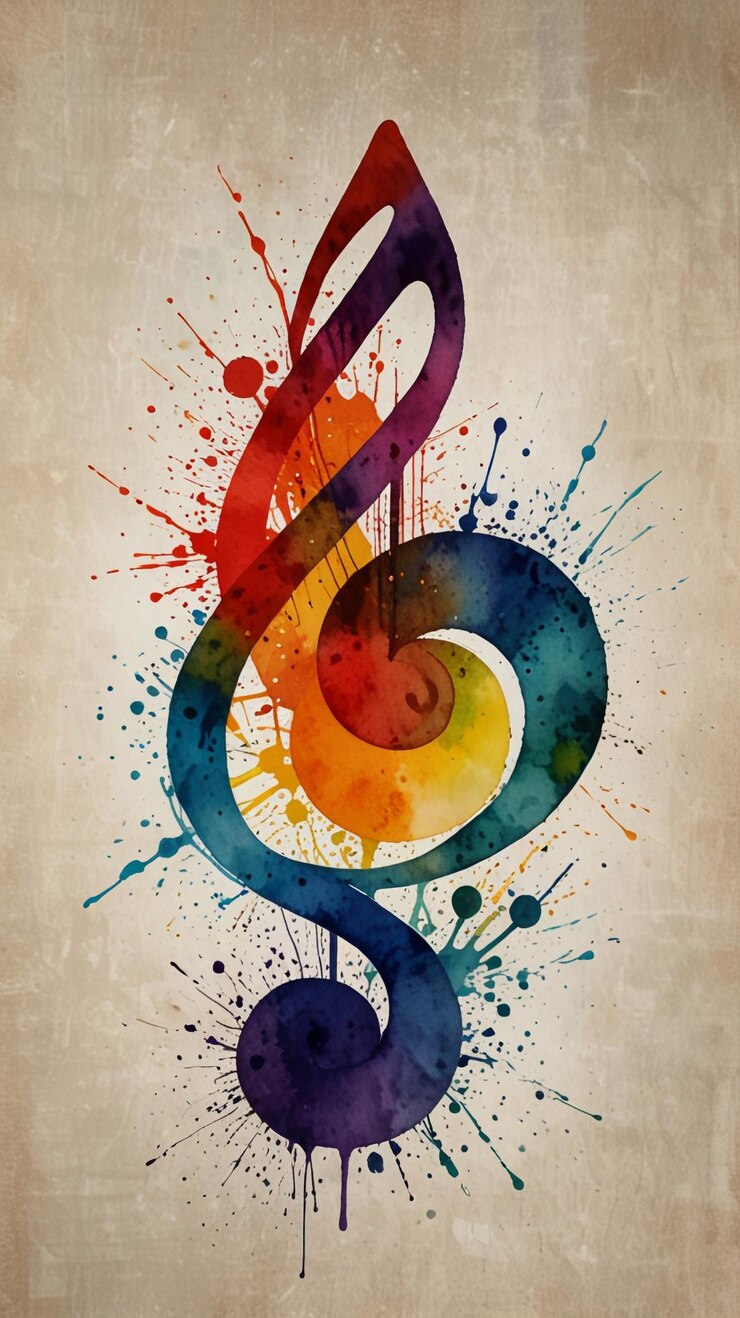Photo watercolor painting a minimalist mixedmedia artwork featuring a single musical note in vibrant splas
