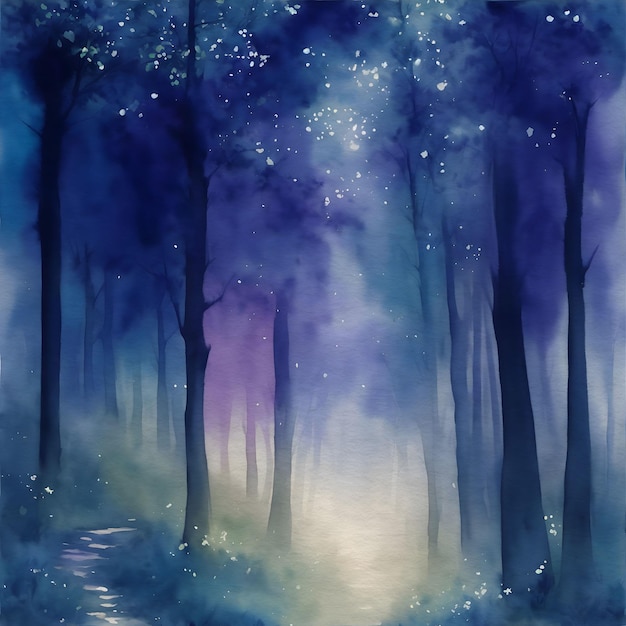 Watercolor Painting of Misty Forest at Night