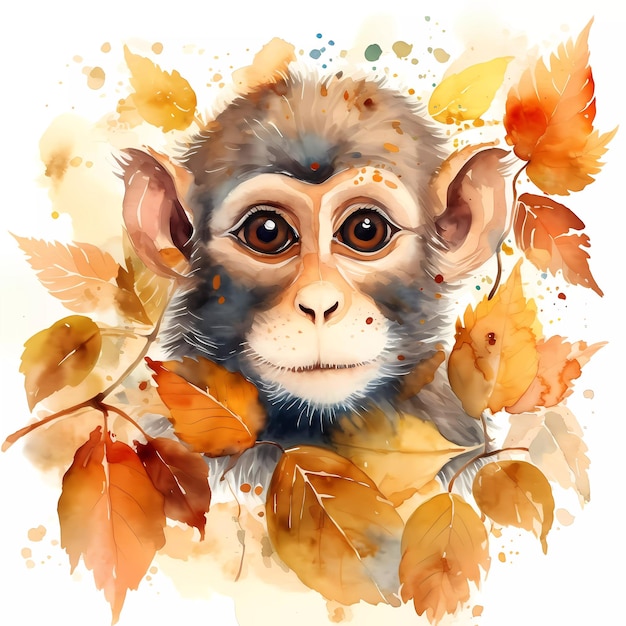 A watercolor painting of a monkey with autumn leaves on it.