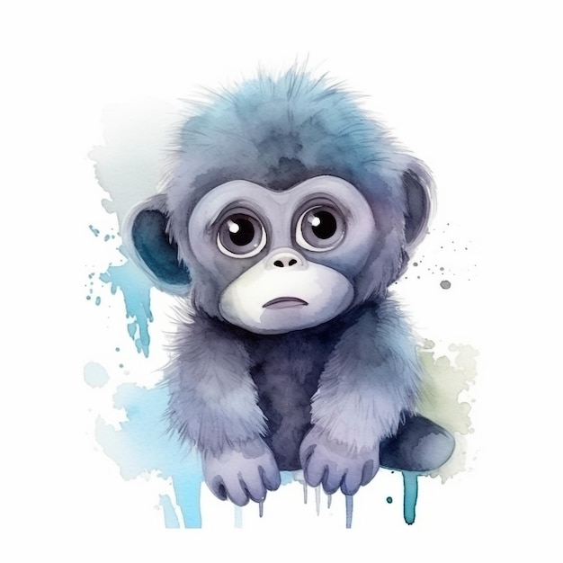 A watercolor painting of a monkey with big eyes.