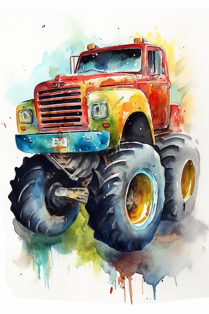 A watercolor painting of a monster truck