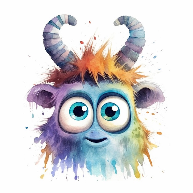 A watercolor painting of a monster with horns and a blue nose.